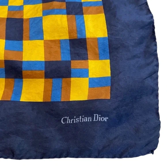 Auth Christian Dior Blue Yellow Geometric Silk Scarf - Picture 2 of 6